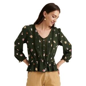 Lucky Brand | Green Floral Print Pleated Button Down Blouse Size Small